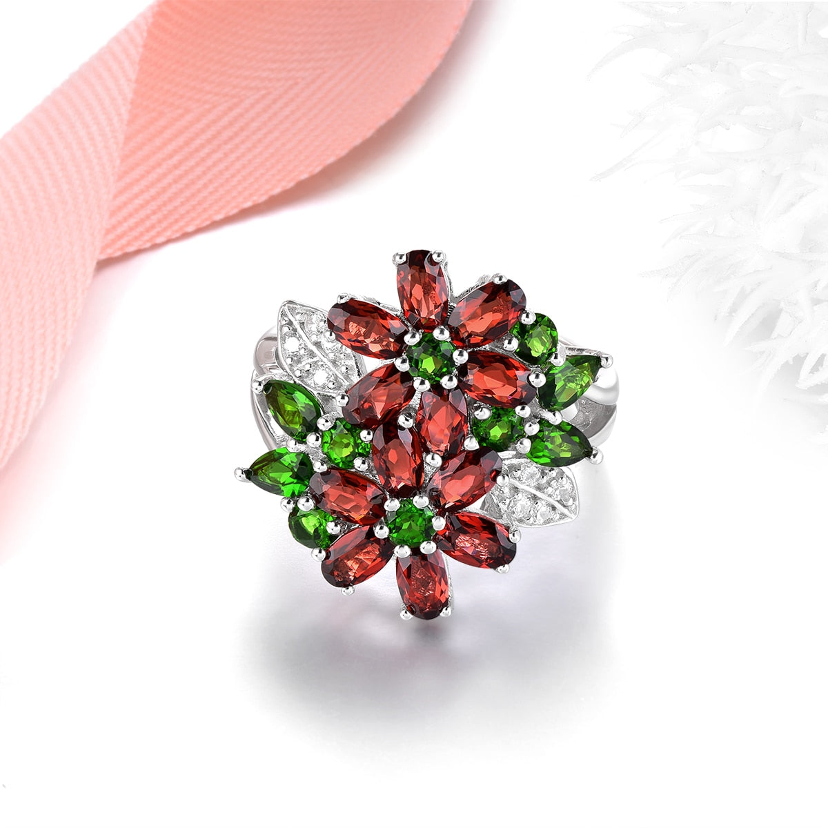 Natural Genuine Garnet Diopside Solid Silver Rings 5 Carats Colorful Gemstone Women Classic Exquisite S925 Anniversary Jewelry