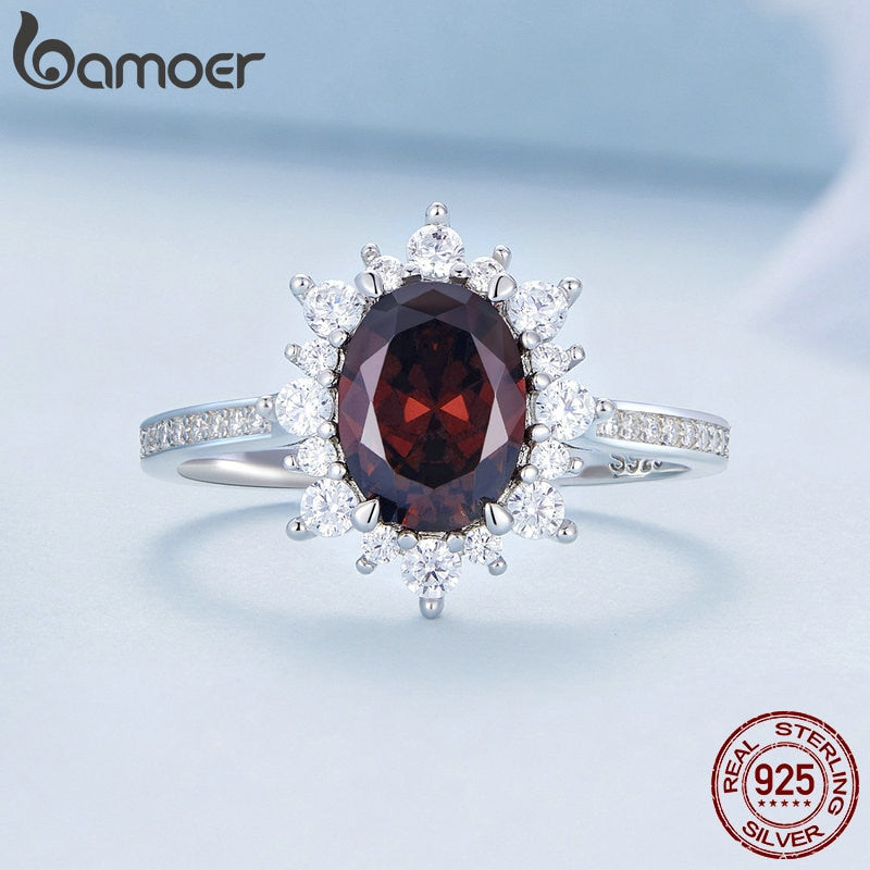 Bamoer 925 Sterling Silver Dark Red Zircon Wedding Ring for Women Wedding Engagement Anniversary Elegent Fine Jewelry BSR334