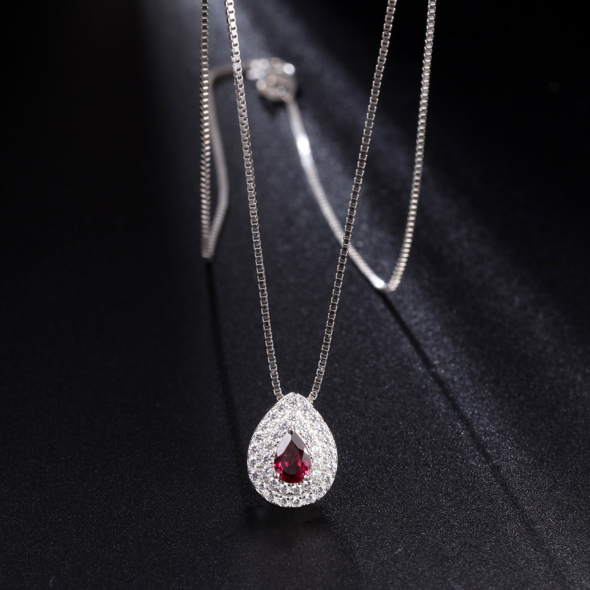 GEM&#39;S BALLET Dainty Gemstone Necklace 4x6mm Pear Shape Rhodolite Garnet Halo Solitarie Pendant Necklace in 925 Sterling Silver