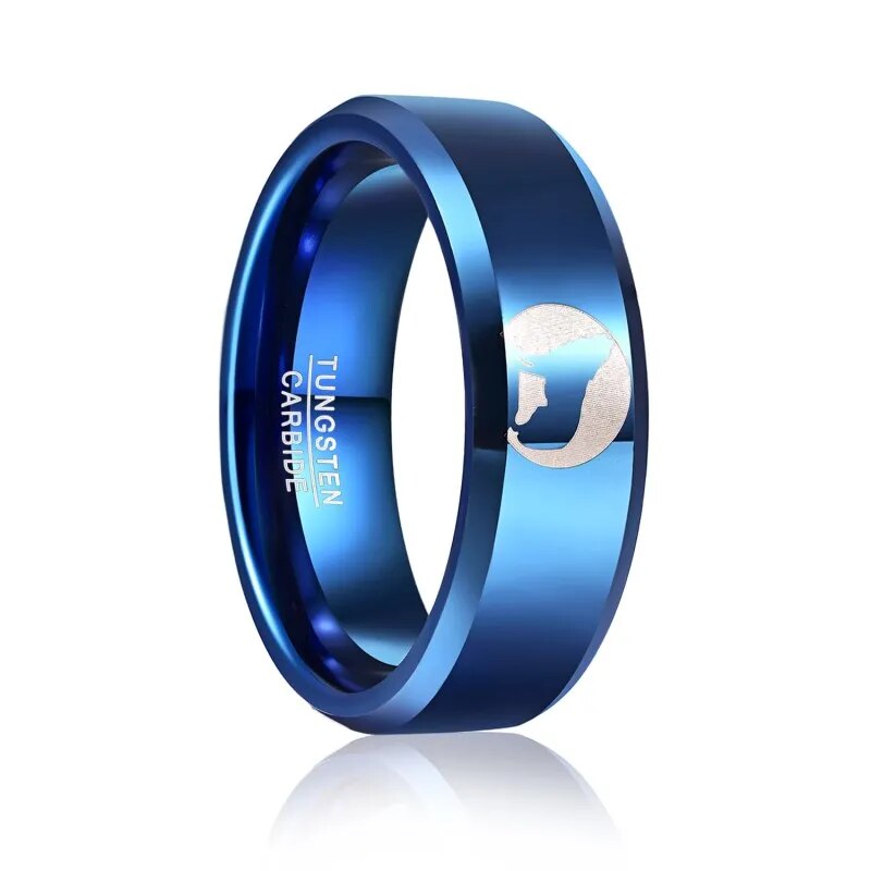BONLAVIE 8mm Polished Blue Laser Wolf Pattern Tungsten Carbide Ring For Men Beveled Edge Comfort Fit Engagement Rings Blue