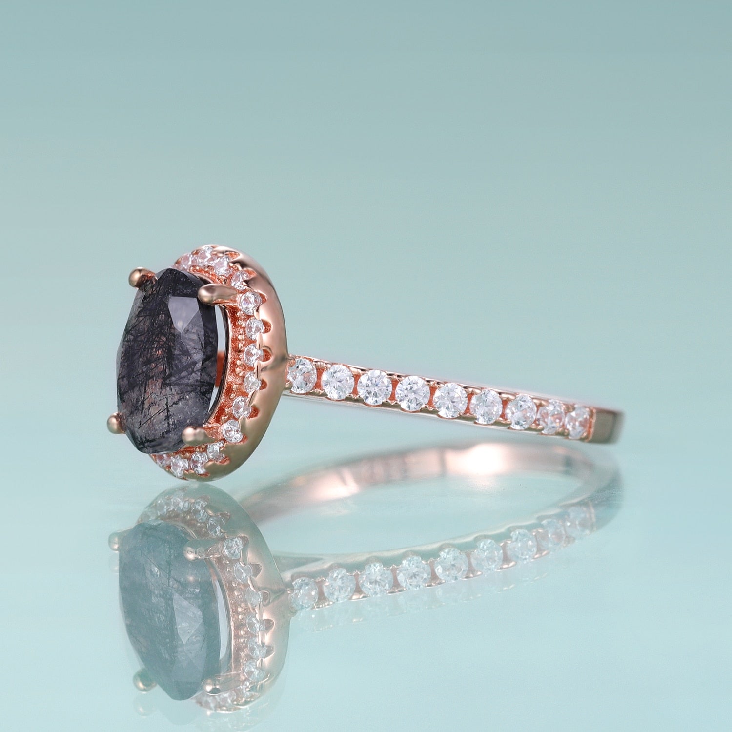 GEM'S BALLET 6X8mm Oval Natural Black Rutilated Quartz Gemstone Wedding Engagement Ring in 925 Sterling Silver Gift For Her