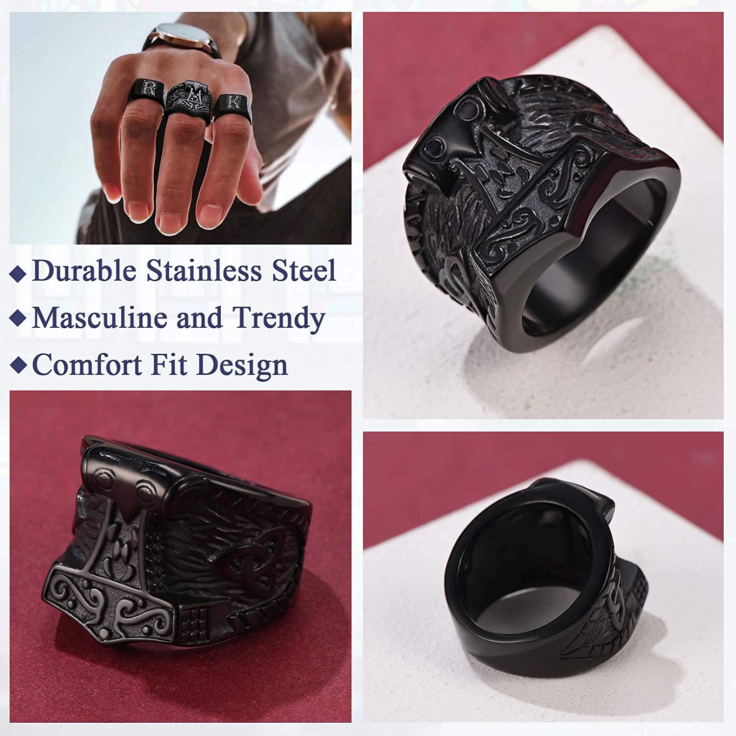 U7 Thor&#39;s Hammer Ring Singet Ring Viking Nordic Jewellery Stainless Steel Powerful Protective Talisman Ring Punk Accessories