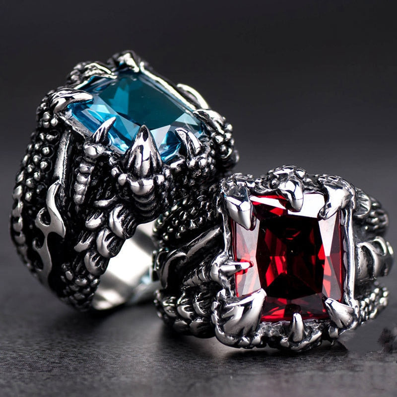 Gothic Blue Red Crystal Demon Dragon Claw Ring for Men Street Cool Biker Finger Jewelry