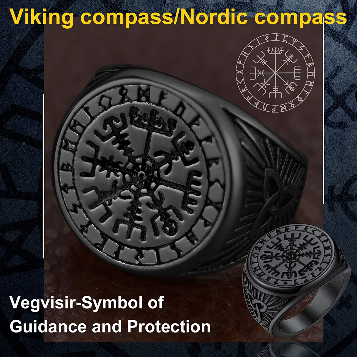 U7 Nautical Viking Compass Ring Size 7-14 Stainless Steel Vintage Thumb Pinky Signet Rings for Women Men Norse Rune Spirit Rings