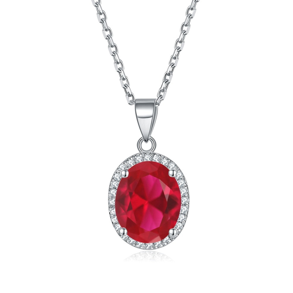 Vinregem Oval Cut 3CT Lab Created Sapphire Gemstones Fine Pendant Necklaces for Women 925 Sterling Silver Jewelry Red 45cm