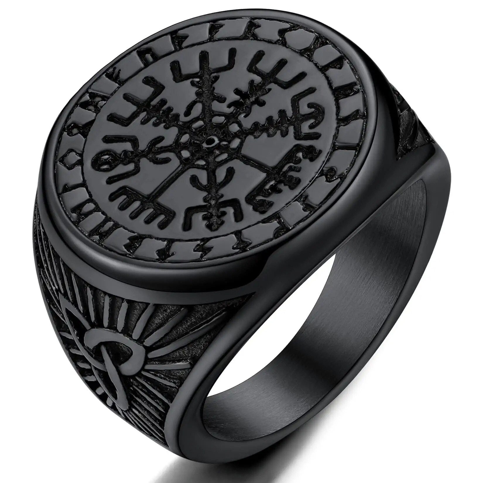 U7 Nautical Viking Compass Ring Size 7-14 Stainless Steel Vintage Thumb Pinky Signet Rings for Women Men Norse Rune Spirit Rings Black