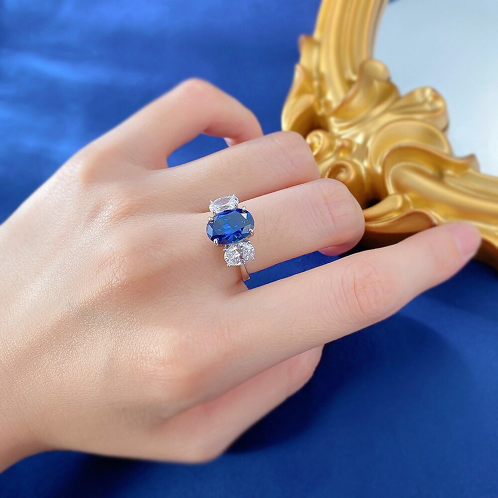 Wong Rain 925 Sterling Silver Oval Cut 8*11MM Lab Sapphire Gemstone Fine Ring for Women Wedding Engagement Jewelry Free Shipping