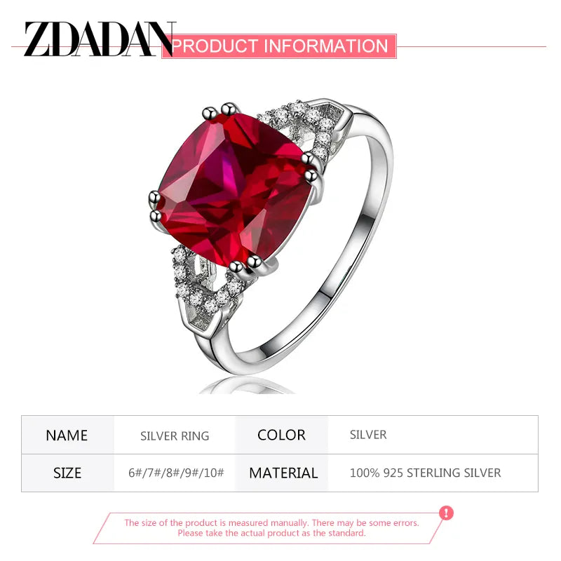 ZDADAN 925 Sterling Silver Ruby Finger Ring For Women Fashion Wedding Jewelry Gifts