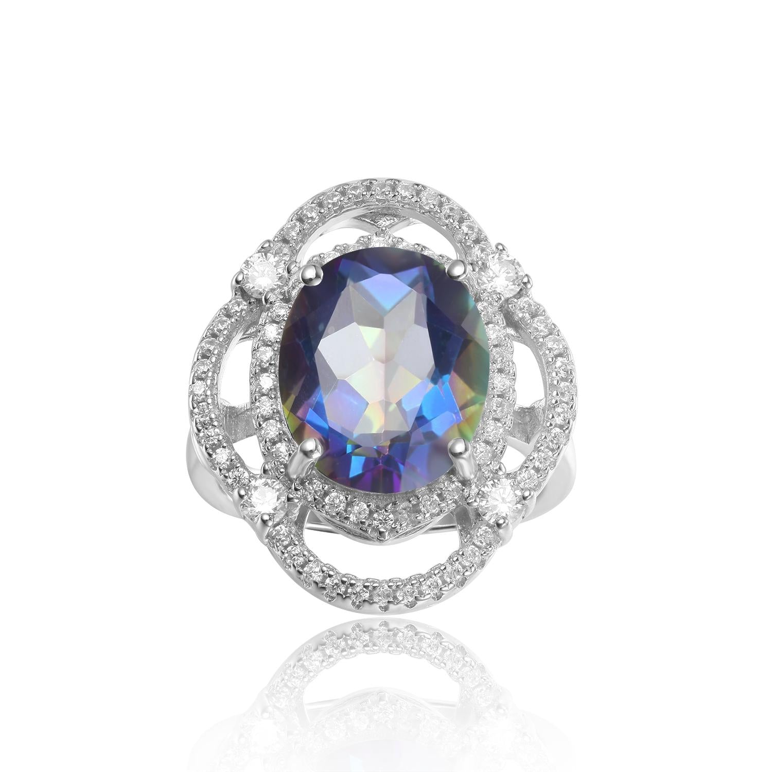 GEM&#39;S BALLET 925 Sterling Silver Birthstone Rings10x12mm Oval Rainbow Mystic Topaz Antique Cocktail Ring For Women Fine Jewelry Blueish|925 Sterling Silver