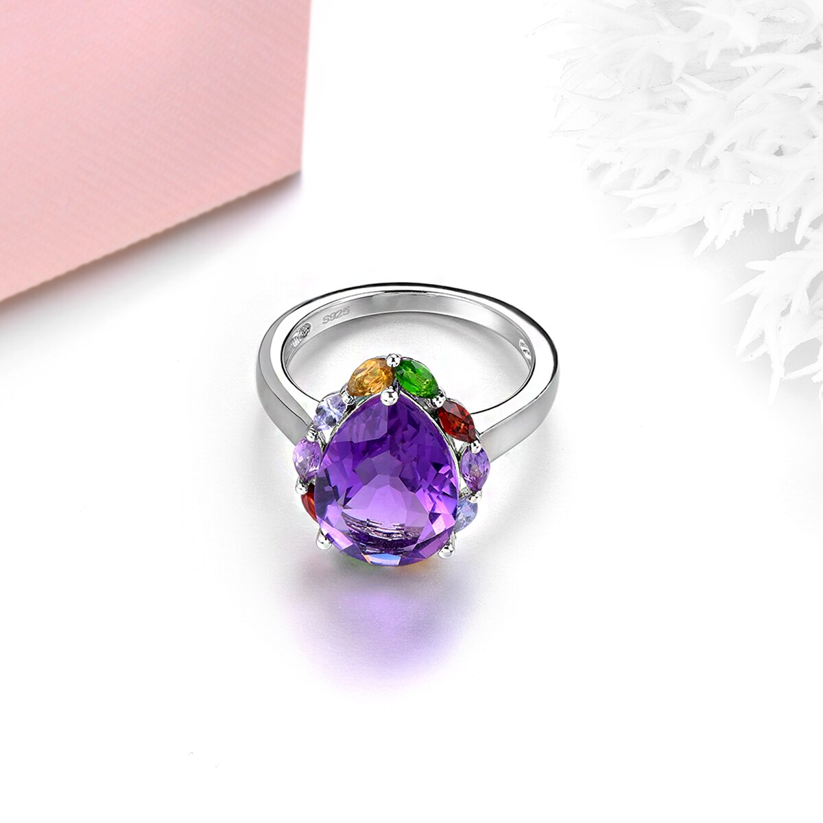 Natural Amethyst Solid Silver Ring 5.8 Carats Genuine Gemstone Diopside Garnet Multicolor Women Romantic Exquisite Style Jewelry
