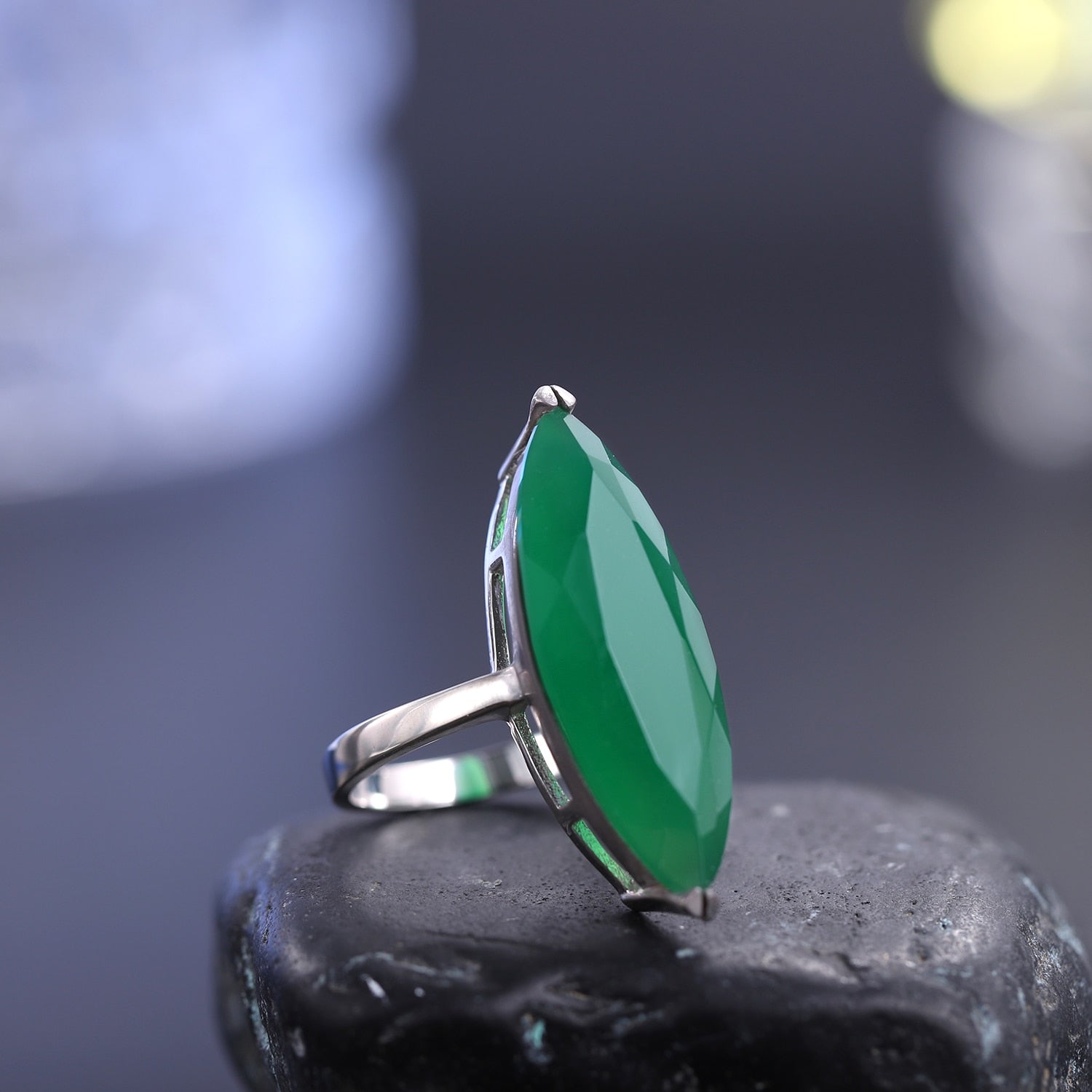 GEM'S BALLET 11.45Ct Marquise Shape Natural Green Agate Gemstone Ring 925 Sterling Silver Cocktail Rings Handmade Gift For Women