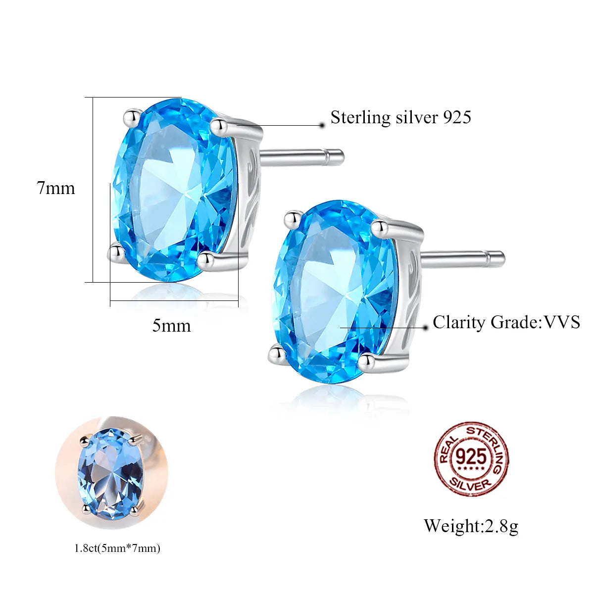 CZCITY Sky Blue Synthetic Topaz 925 Sterling Silver Oval Stud Earrings Simple Four Claw Small Korean Fashion Fine Jewelry