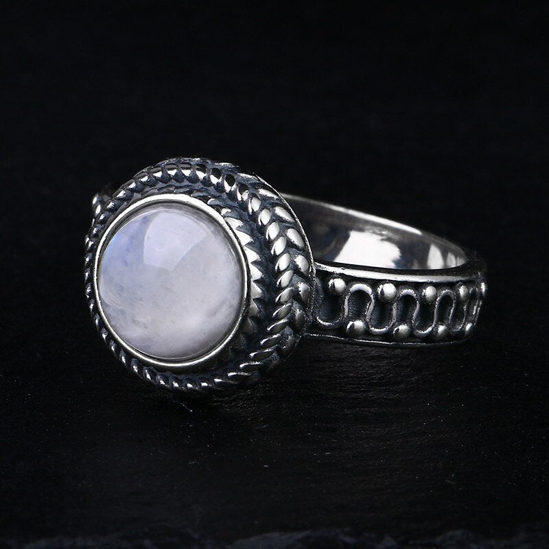 New Fashion 9MM Round Natural Moonstones Rings Women&#39;s Silver Jewelry Ring Wholesale High Quality Gifts Vintage Fine