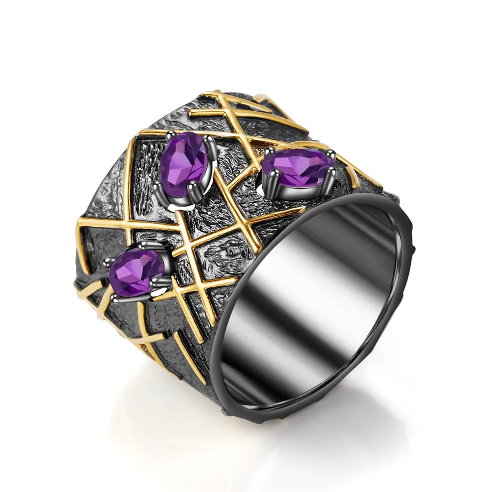 GEM'S BEAUTY Branches Black Plated Ring For Women Handmade Original Creative Fine Jewelry 925 Sterling Silver Amethyst