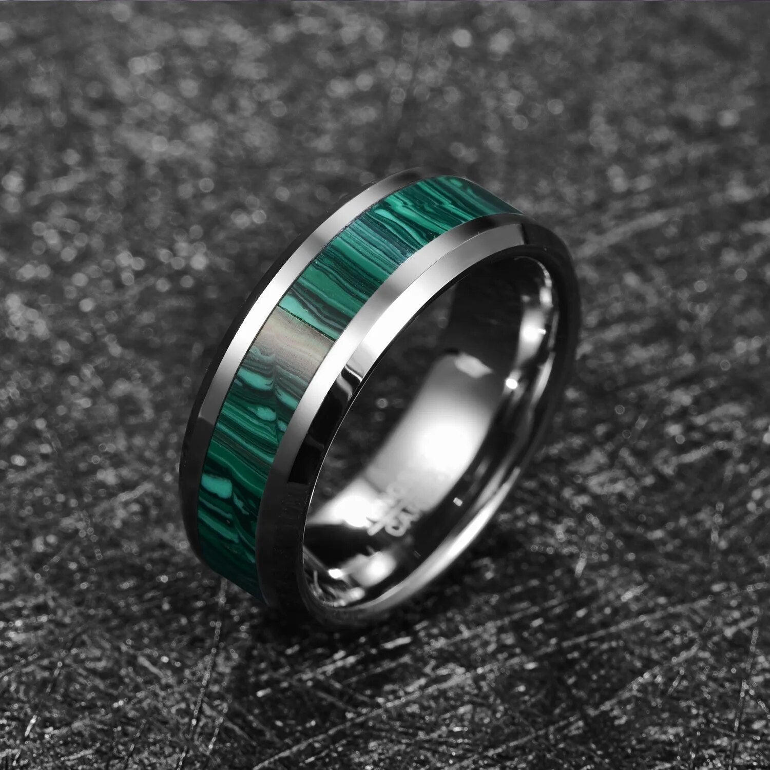 BONLAVIE Inlaid Artificial Stone Dark Green Striped Tungsten Steel Ring Fashion Engagement Rings for Men Gift Size 7-12