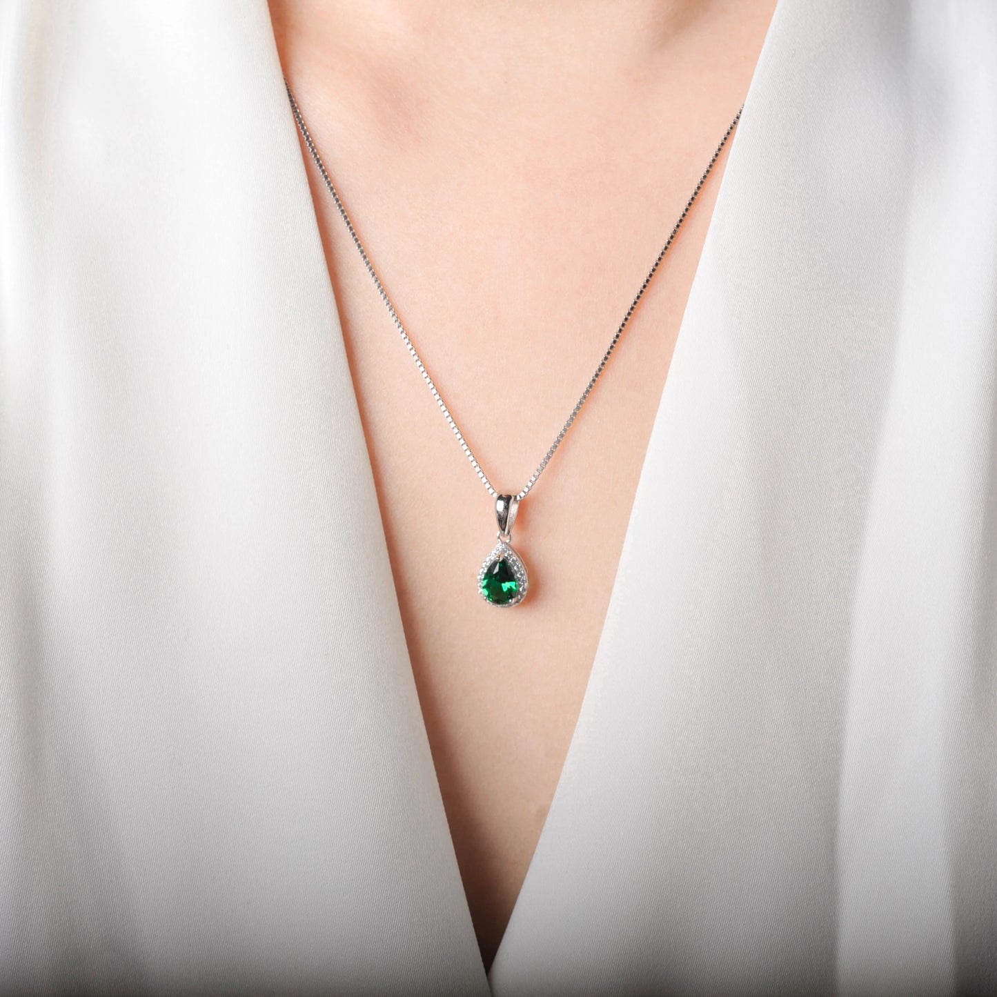 Potiy Pear Simulated Nano Emerald 925 Sterling Silver Pendant Necklace no Chain Women Gemstone Statement Daily mini cute gift