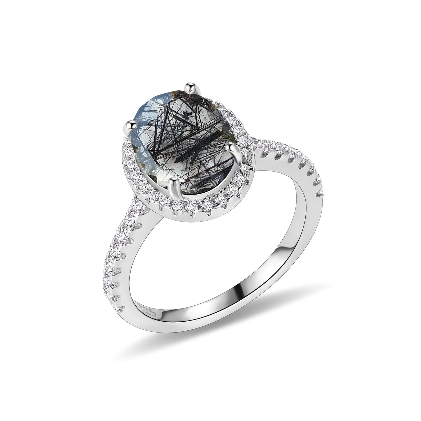 GEM'S BALLET 6X8mm Oval Natural Black Rutilated Quartz Gemstone Wedding Engagement Ring in 925 Sterling Silver Gift For Her Rutilated Quartz - S|6X8mm