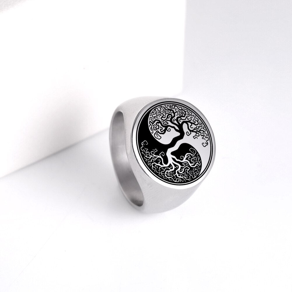 Tree of Life Stainless Steel Rings Delicate Round Tree Finger Ring Retro Pattern Jewelry for Men Women Christmas Gifts New In