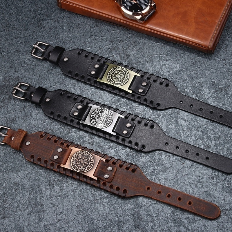 New Retro Wide Leather Pirate Compass Bracelet Men&#39;s Bracelet Celtic Viking Jewelry Compass Bracelet Accessories Party Gifts