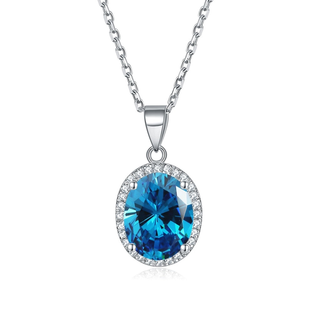 Vinregem Oval Cut 3CT Lab Created Sapphire Gemstones Fine Pendant Necklaces for Women 925 Sterling Silver Jewelry Sea Blue 45cm