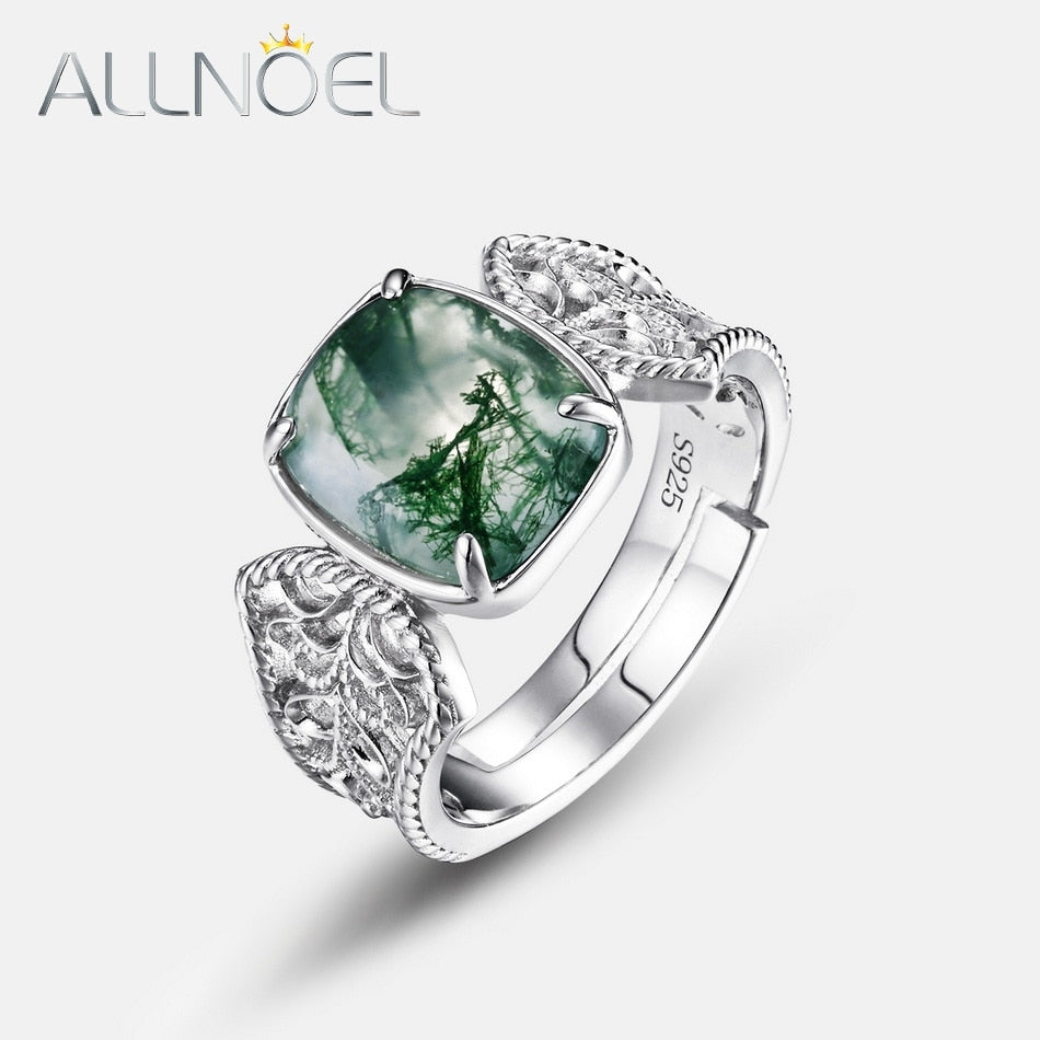 ALLNOEL 925 Sterling Silver Rings For Women Natural 8*10mm Green Moss Agate Original Classic Vintage Wedding Band Fine Jewelry