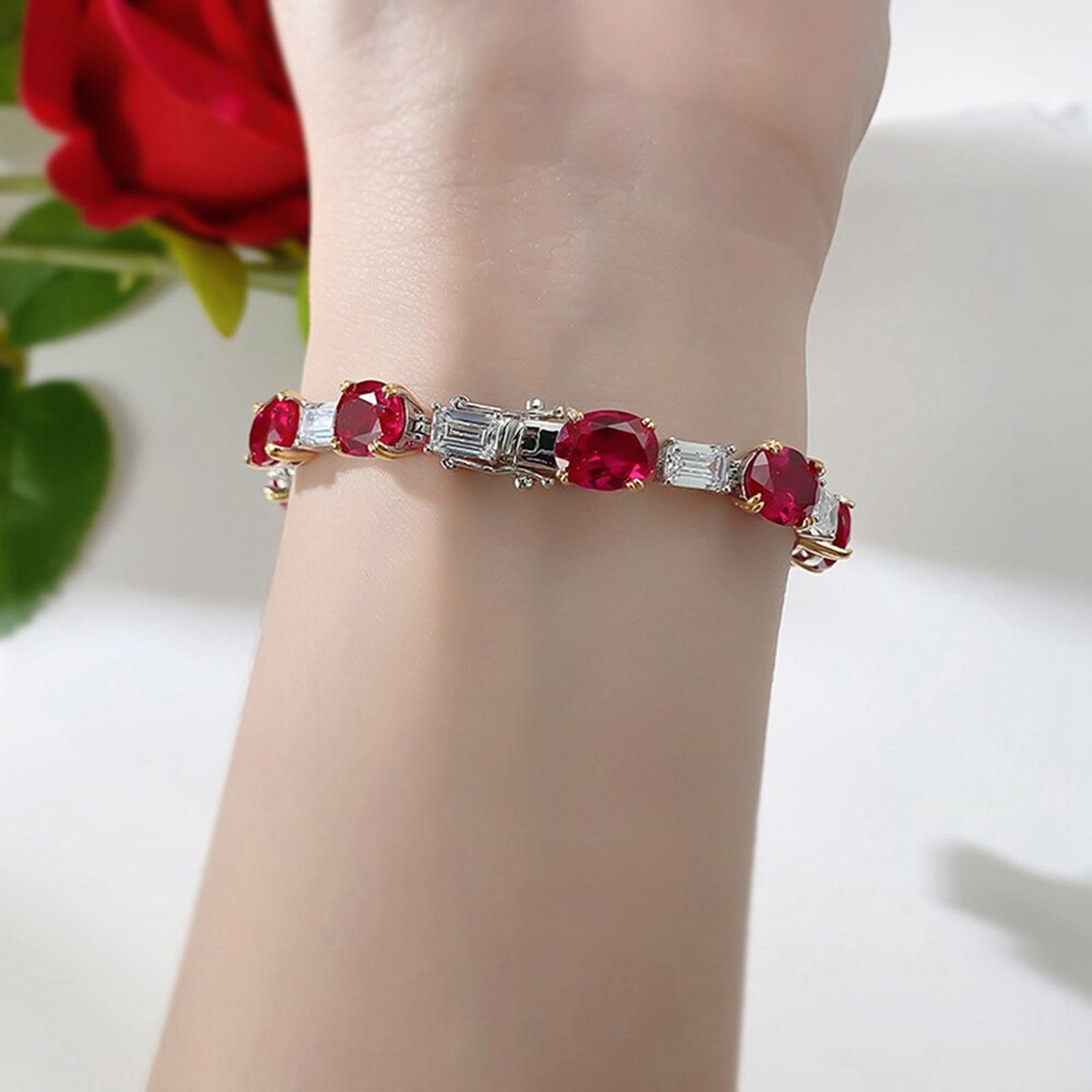 Vinregem Classic Oval Cut 7*9 MM Ruby High Carbon Diamond Gemstone Bracelets for Women 100% 925 Sterling Silver Jewelry Gifts