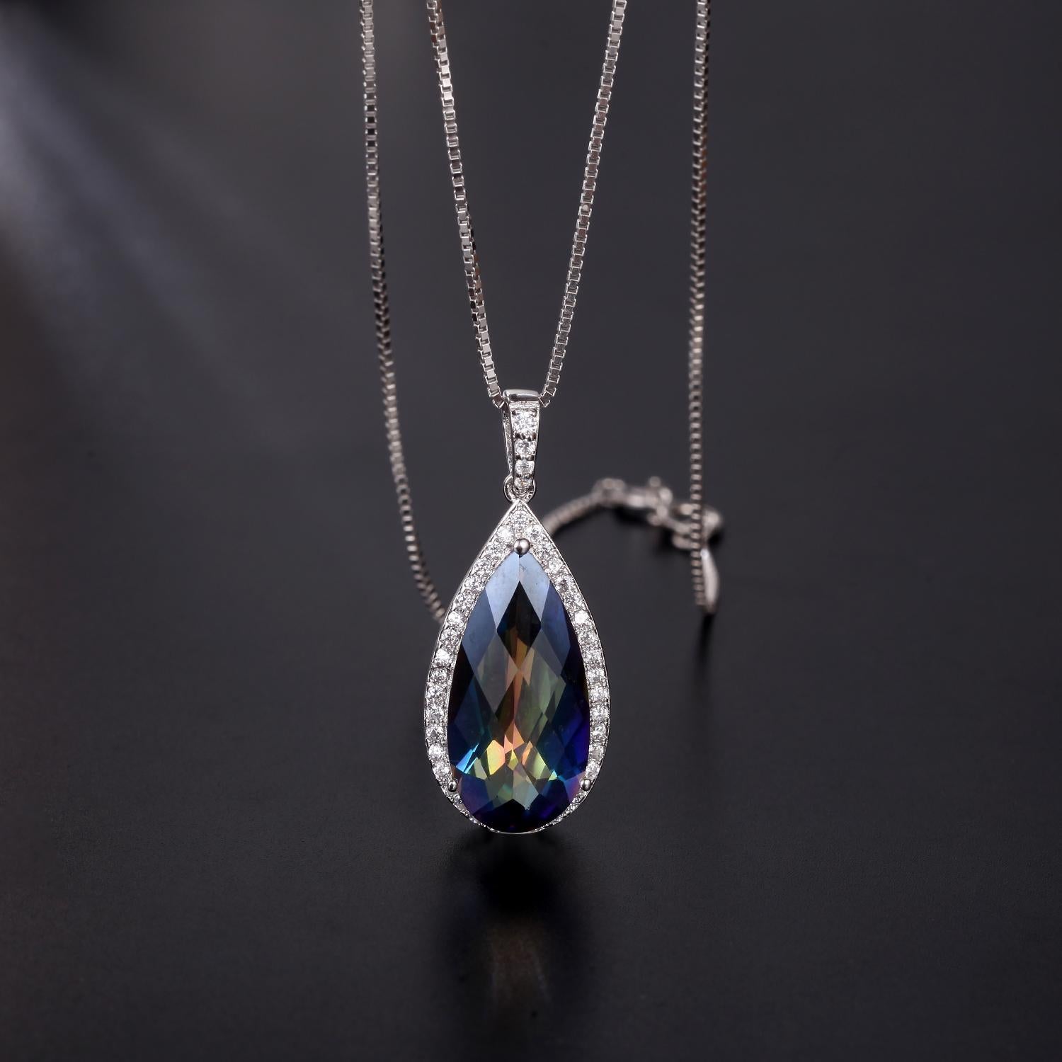 GEM&#39;S BALLET 7.89Ct 10x20mm Pear Shape Rainbow Mystic Topaz Gemstone Halo Pendant Neckace in Sterling Silver Gift For Her