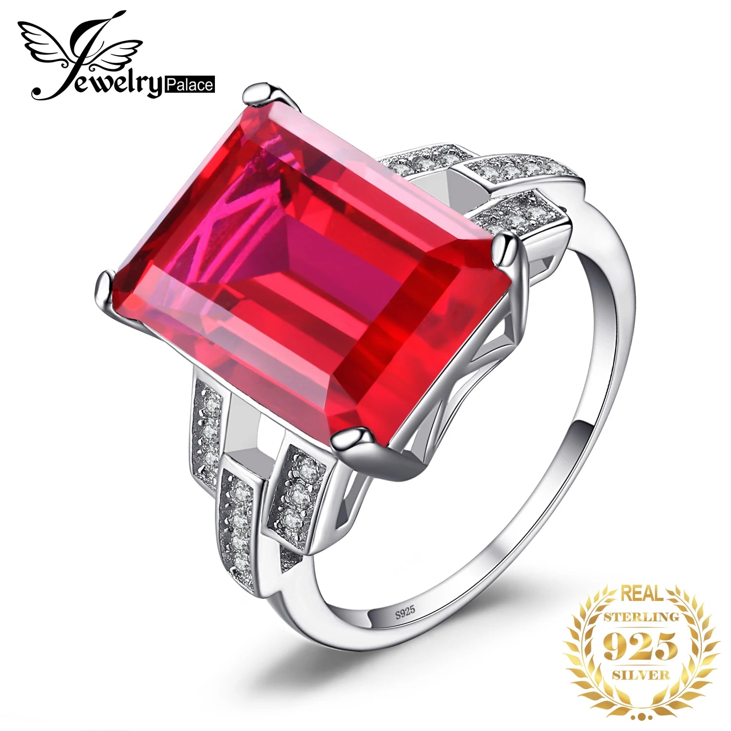 JewelryPalace 9.1ct Red Created Ruby 925 Sterling Silver Solitaire Wedding Engagement Ring for Women Party Fine Jewelry Gift