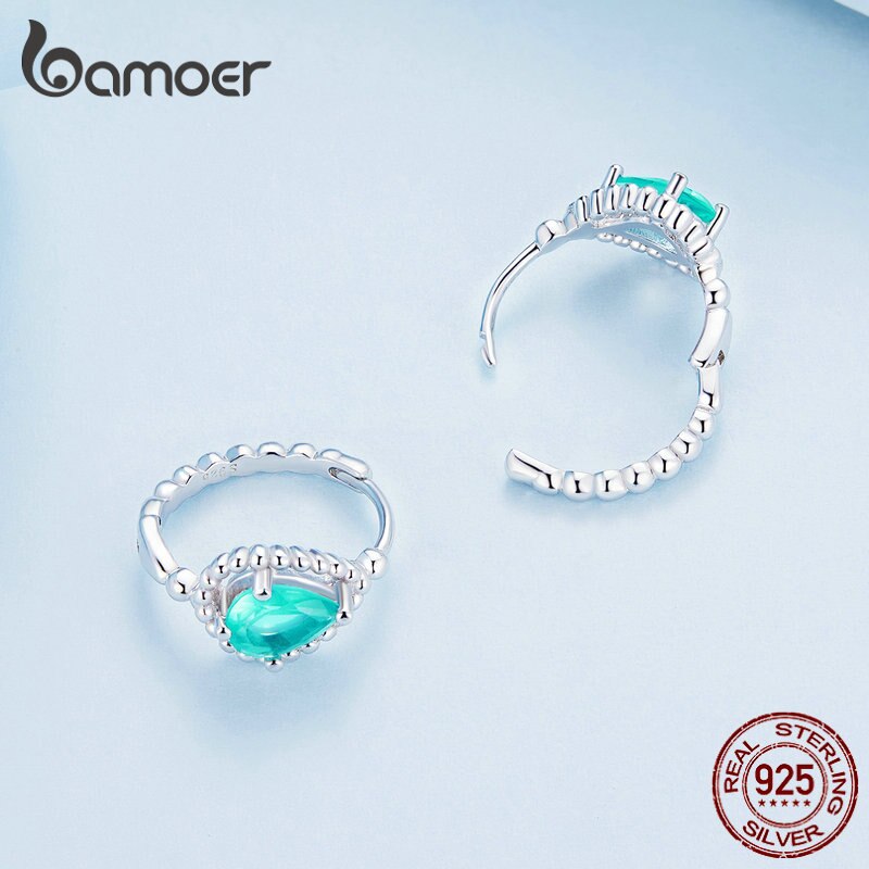 Bamoer Authentic 925 Sterling Silver Blue-green Dewdrop Ear Buckles for Women Birthday Gift Pave Setting CZ Fine Jewelry BSE783