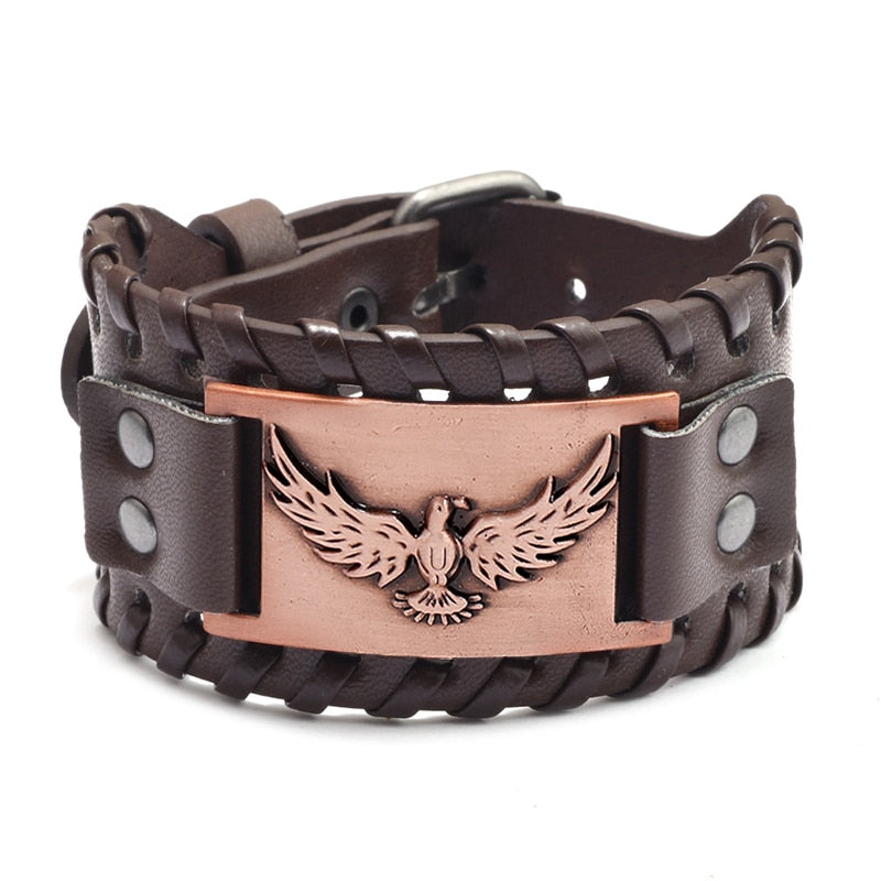 2022 Trendy Totem Design Nordic Eagle Bracelet Viking Men&#39;s Bracelet New Fashion Genuine Leather Woven Accessories Party Jewelry brown