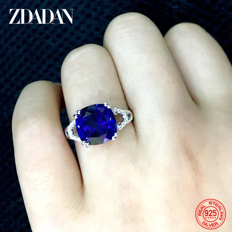 ZDADAN 925 Sterling Silver Ruby Finger Ring For Women Fashion Wedding Jewelry Gifts Blue