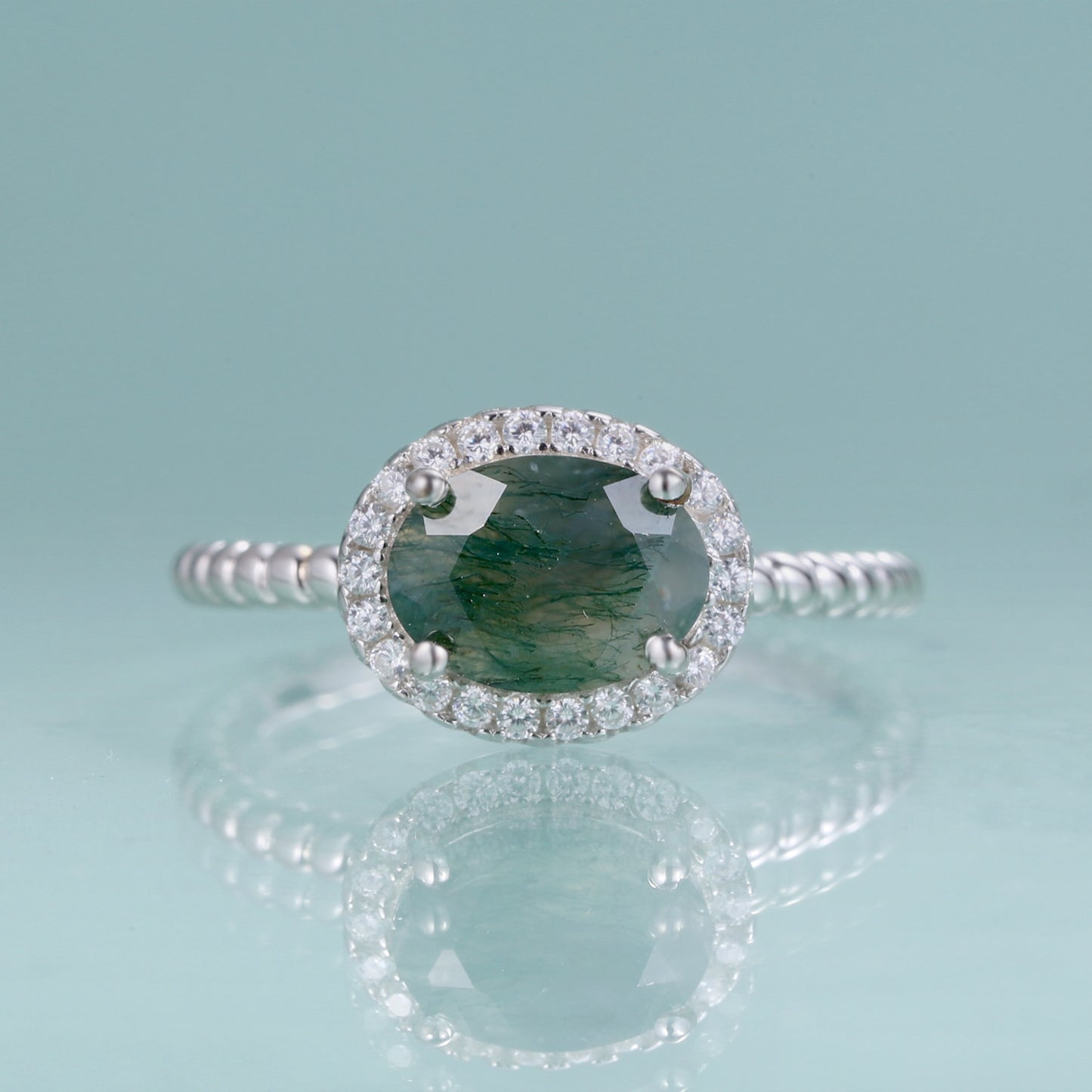 GEM&#39;S BALLET 1.3CT Oval Cut Moss Agate Gemstone Engagement Rings in 925 Sterling Silver Handmade Stripes Ring Gift For Her Moss Agate-S|925 Sterling Silver