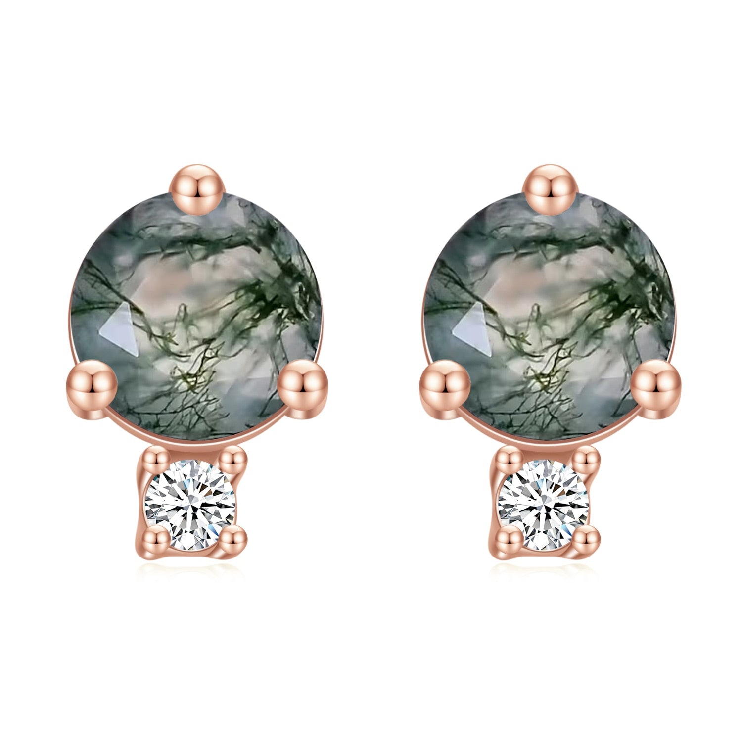 GEM&#39;S BALLET Unique 1.2Ct 5mm Round Cut Moss Agate Stacked Studs Earrings in 925 Sterling Silver Women&#39;s Wedding Earrings Moss Agate 925 Sterling Silver