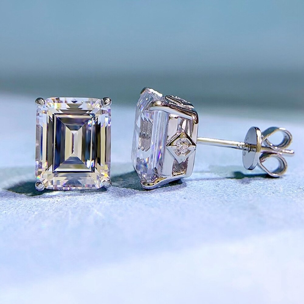 Vinregem 18K White Gold 8*10MM Sapphire Gemstones Stud Earrings For Women Wedding Gift 925 Sterling Silver Jewelry