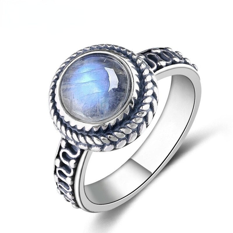 New Fashion 9MM Round Natural Moonstones Rings Women&#39;s Silver Jewelry Ring Wholesale High Quality Gifts Vintage Fine Moonstone