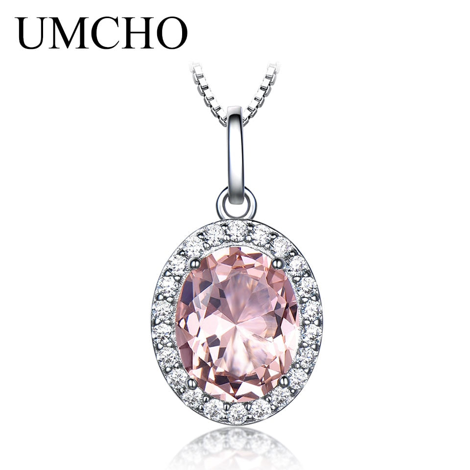 UMCHO Real 925 Sterling Silver Luxury Pink Sapphire Morganite Pendant For WomenNecklaces Link Chain Jewelry Engagement Gift New Default Title