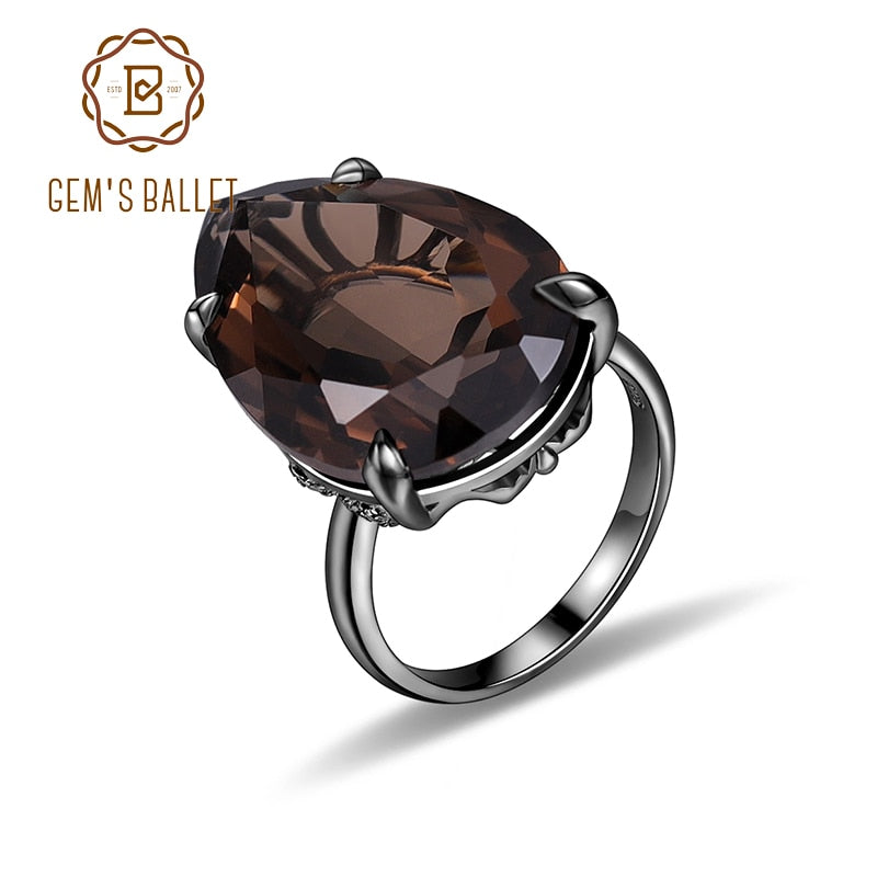 GEM&#39;S BALLET Brown Healing Stones Cockail Rings Natural Smoky Quartz Statement Ring in 925 Sterling Silver Gift For Her