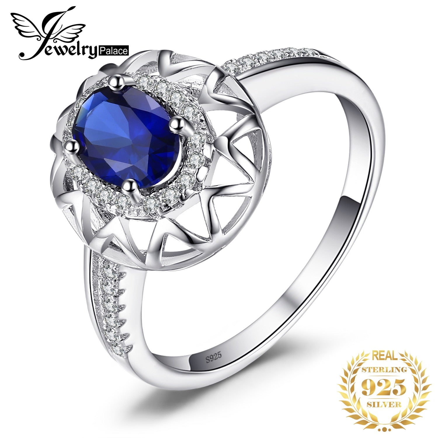 JewelryPalace Created Blue Sapphire 925 Sterling Silver Rings for Women Fashion Statement Gemstone Jewelry Halo Engagement Ring China