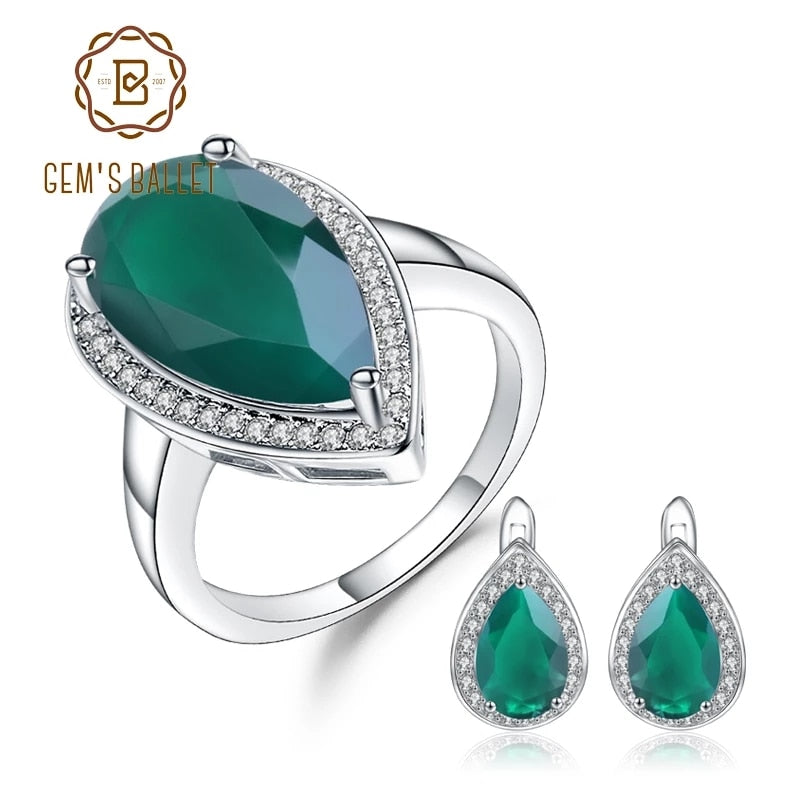 GEM&#39;S BALLET Natural Green Agate Earrings Ring Set Real 925 Sterling Silver Water Drop Vintage Gemstone Jewelry Set For Women