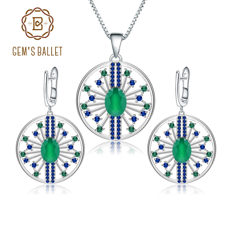 GEM&#39;S BALLET 925 Sterling Silver Round Earrings Pendant Sets For Women 3.88Ct Natural Green Agate Vintage Jewelry Set Default Title