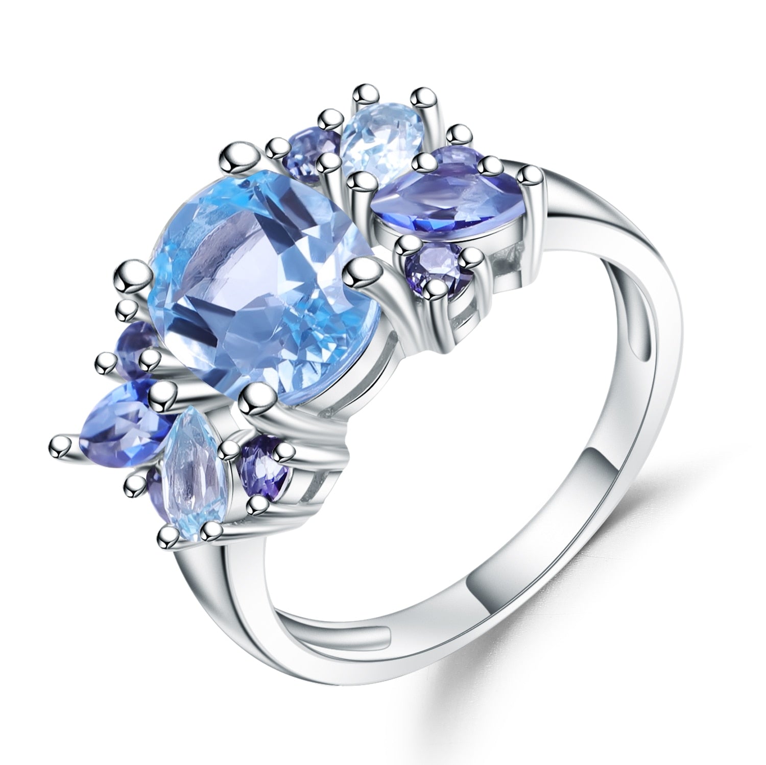 Gem&#39;s Ballet Classic 3.47Ct Natural Sky Blue Topaz Mystic Quartz Ring 100% 925 Sterling Silver Mona Lisa Wedding Rings for Women