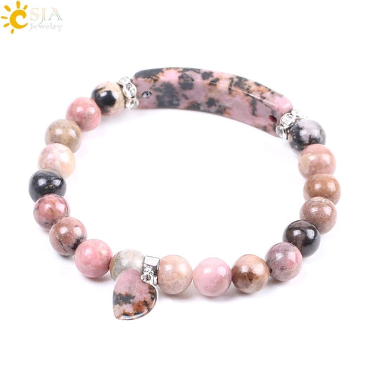 CSJA Natural Stone Crystal Bracelet Line Rhodonite Love Heart Healing Beaded Beads Bracelets Gem Stones for Women Jewelry F104 Default Title