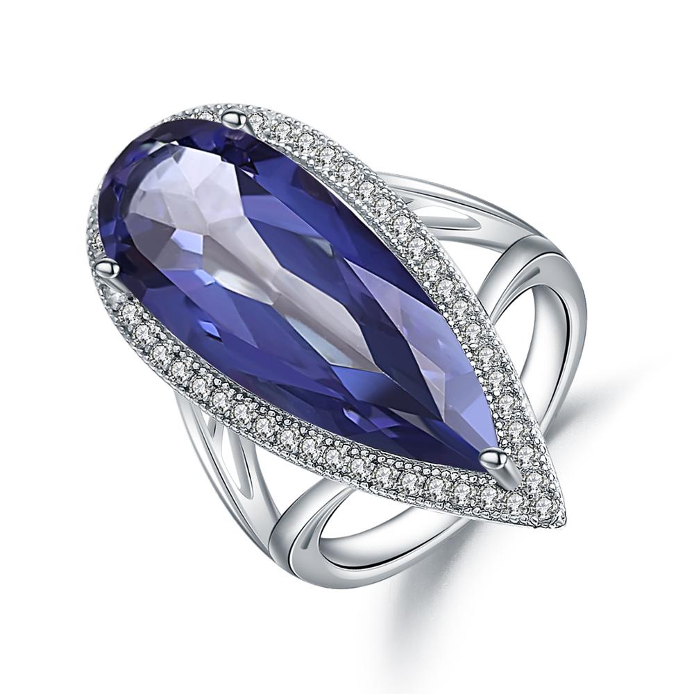 GEM&#39;S BALLET New 11.48Ct Natural Iolite Blue Mystic Quartz Big Water Drop Finger Ring 925 Sterling Sliver Ring For Women Wedding