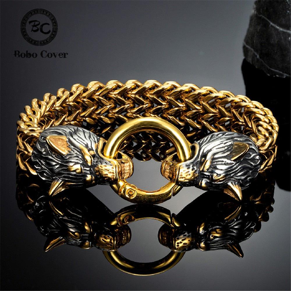 Punk Norse Viking Wolf Head Bracelets Gold Color Stainless Steel Mesh Chain Bangle Antique Black Amulet Male Jewelry Accessories