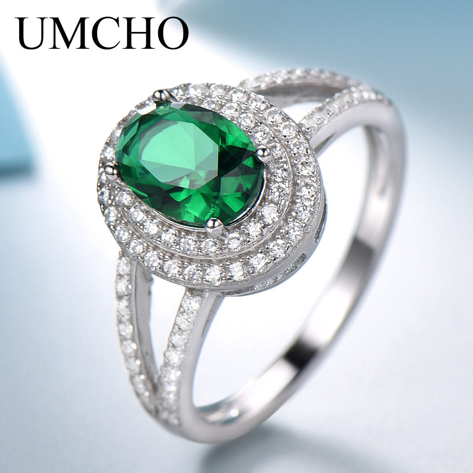 UMCHO Luxury Emerald Gemstone Rings for Women Solid 925 Sterling Silver Wedding Party Engagement Elegant Dianna Party Jewelry