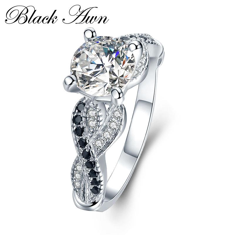 [BLACK AWN] 3.6g 100% 925 Sterling Silver Jewelry Neo-Gothic Row Black Zircon Engagement Rings for Women Wedding Ring C402