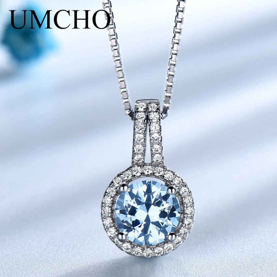 UMCHO Blue Topaz Gemstone Pendants Necklaces For Women Solid 925 Sterling Silver Pendant Brand Fine Wedding Jewelry Gift for Her