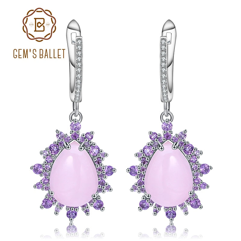 GEM&#39;S BALLET Natural Pink Calcedony Gemstone Earrings 925 Sterling Silver Vintage Drop Earrings for Women Wedding Fine Jewelry Default Title