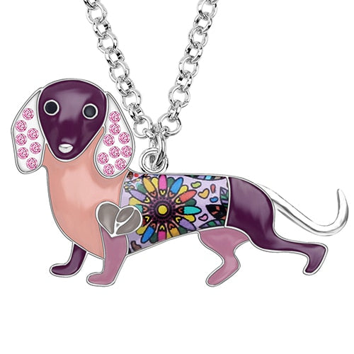 Bonsny Enamel Alloy Crystal Rhinestone Dachshund Dog Necklace Pendant Chain Choker Cartoon Animal Jewelry For Women Girls Gift Purple China