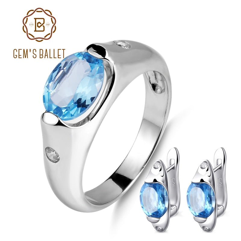GEM&#39;S BALLET 5.52ct Oval Natural Blue Topaz Gemstone Jewelry Set 925 Sterling Silver Earrings Ring Set Fine For Women Wedding